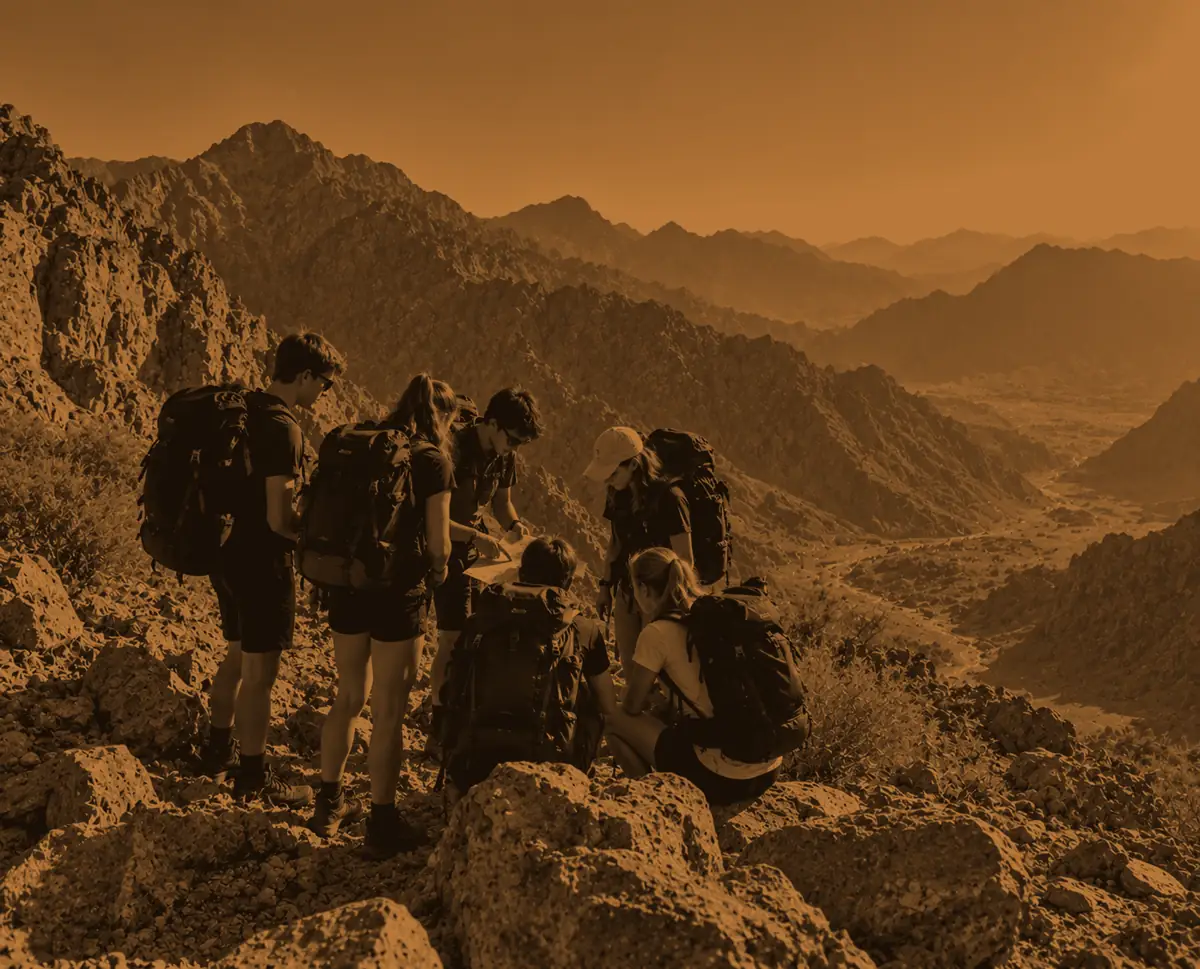 A Bronze group gathered over a map on a rocky ridge above a wide desert valley, washed in bronze